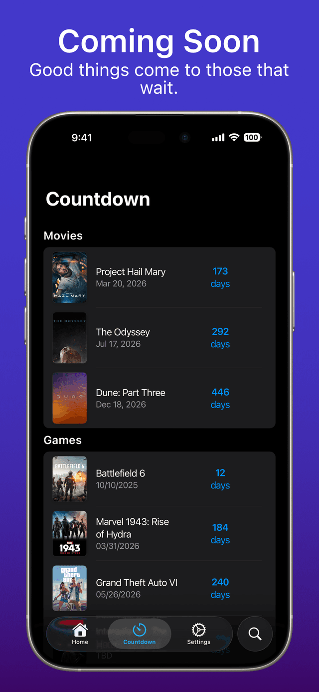 Countdown list preview showing upcoming releases